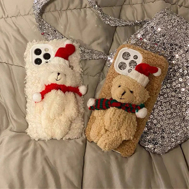 White and brown Christmas bear plush iPhone case showing TPU construction and precise cutouts