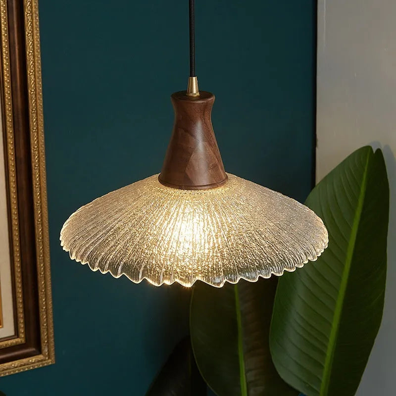 Retro brass and glass woodcraft chandelier ceiling lamp shown in three available sizes.