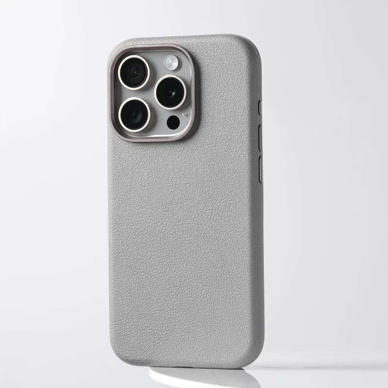 Black genuine leather Magsafe magnetic protective case for iPhone with alloy metal camera lens surround.