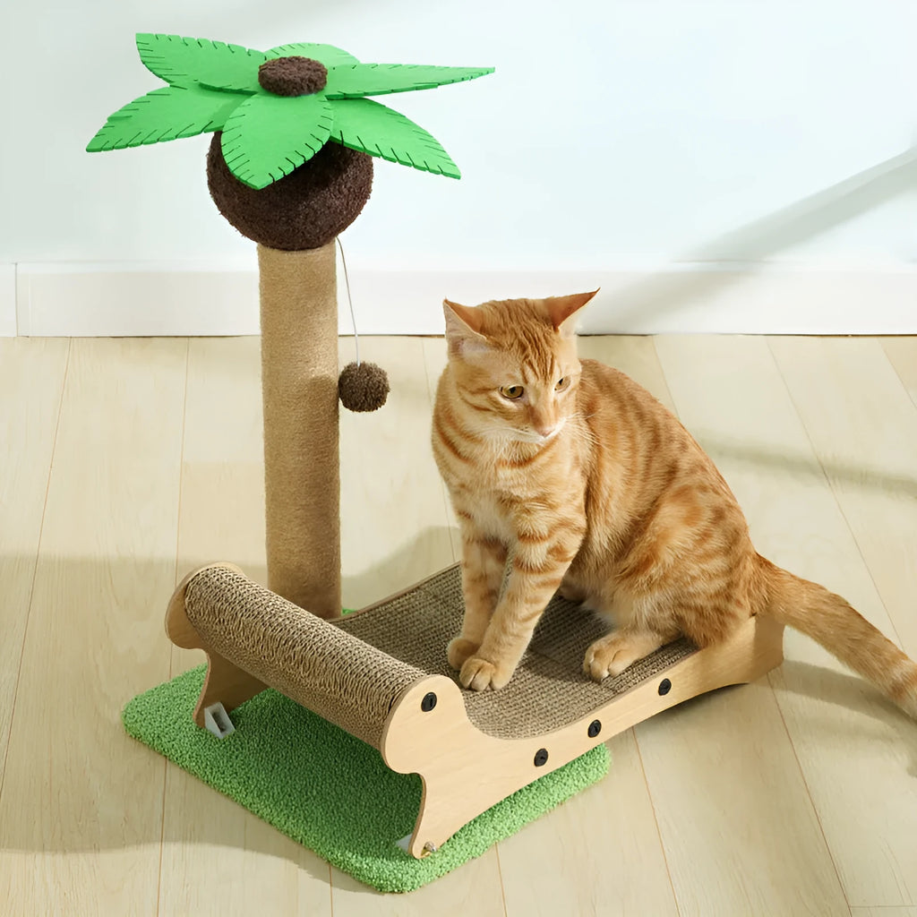 Wooden beach chair-shaped cat climbing frame with integrated hemp scratch mat.