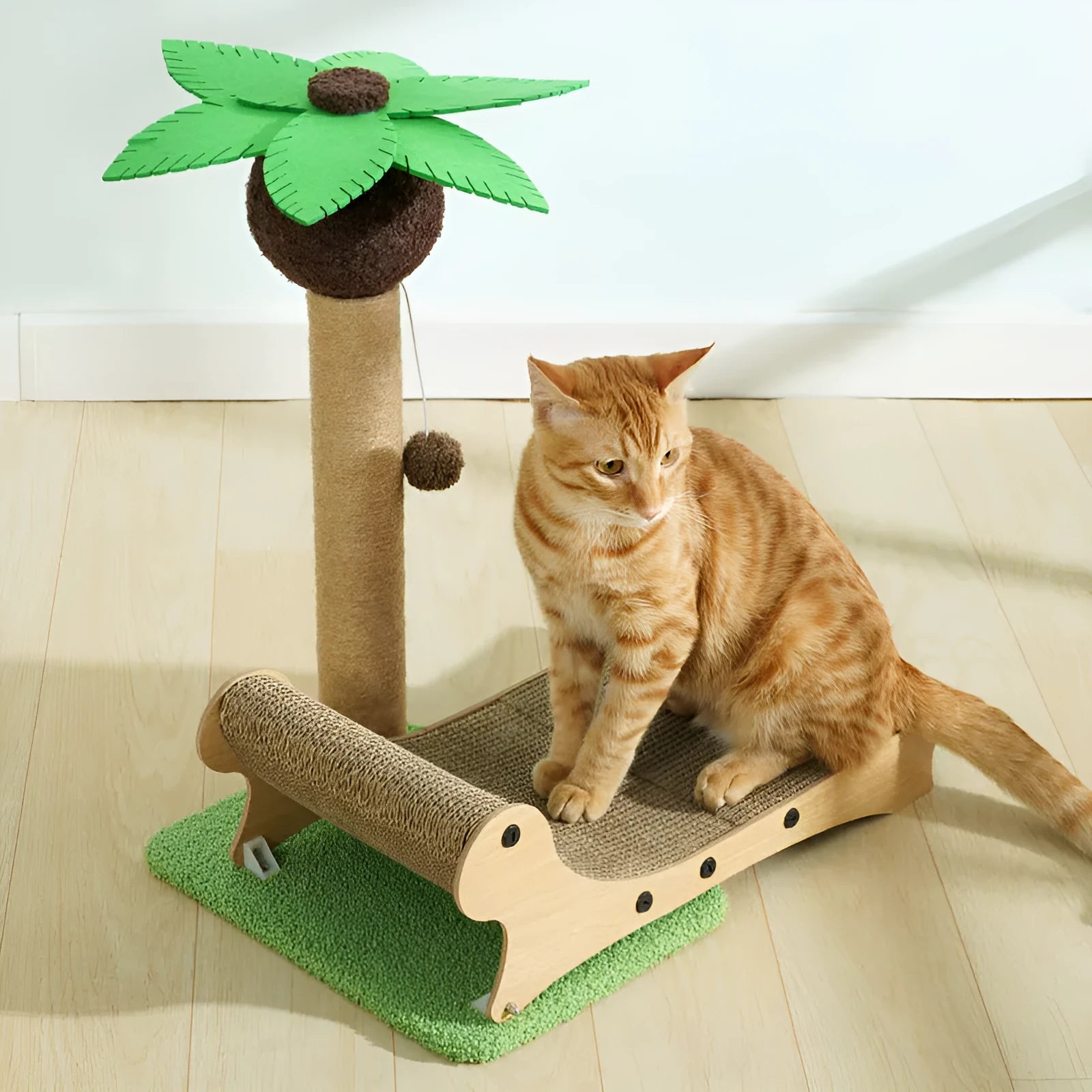 Wooden beach chair-shaped cat climbing frame with integrated hemp scratch mat.