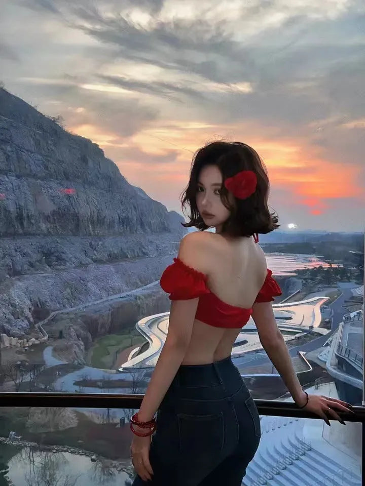 Red women's bikini swimsuit with puff sleeve skirt top and briefs.