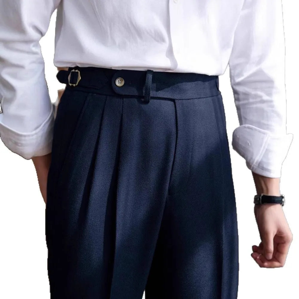 Men's straight leg polyester business casual trousers in black, front view