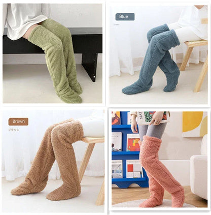 Cozy over-the-knee fuzzy socks in various colors, designed to keep your legs and knees warm during the winter season.