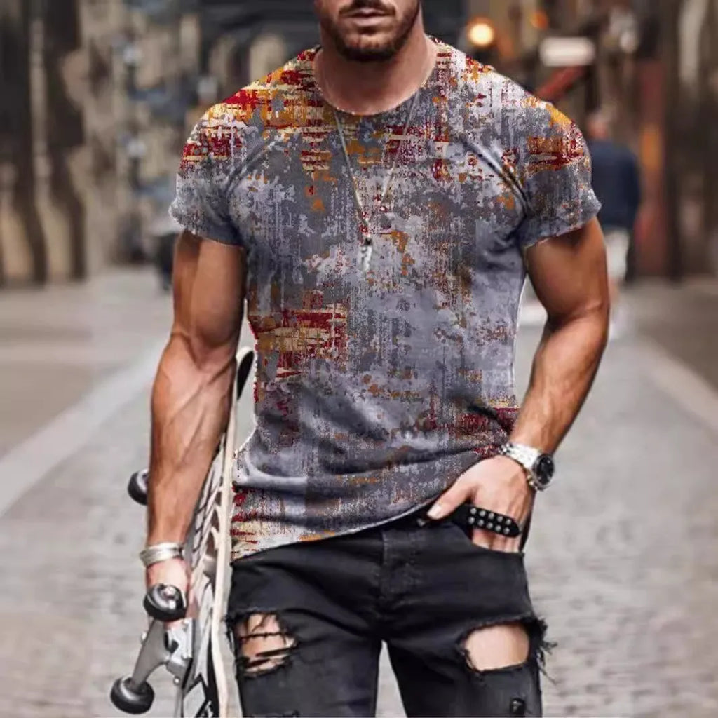 Man wearing a loose fit camouflage print short sleeve t-shirt in milk silk polyester.
