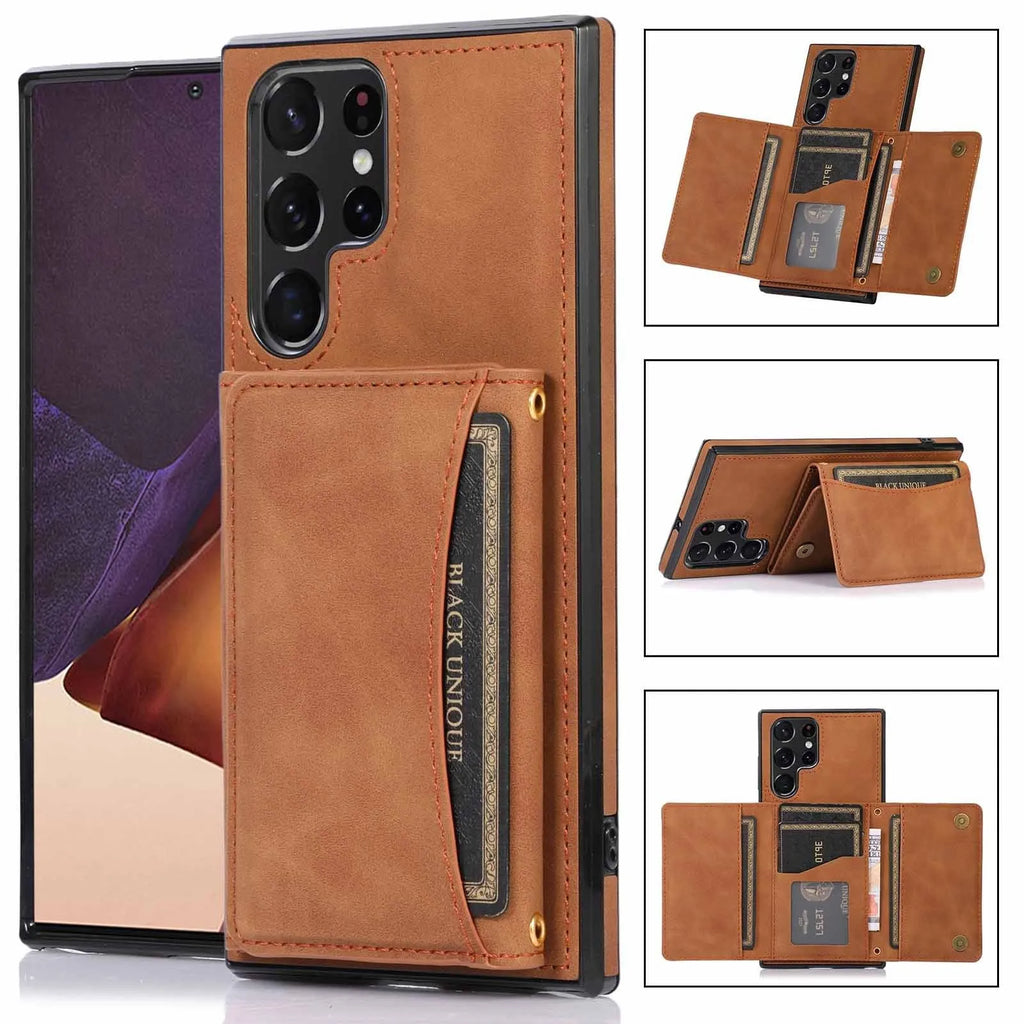 Three-fold wallet card-inserting phone case for Samsung in black, showing card slots and back cover design