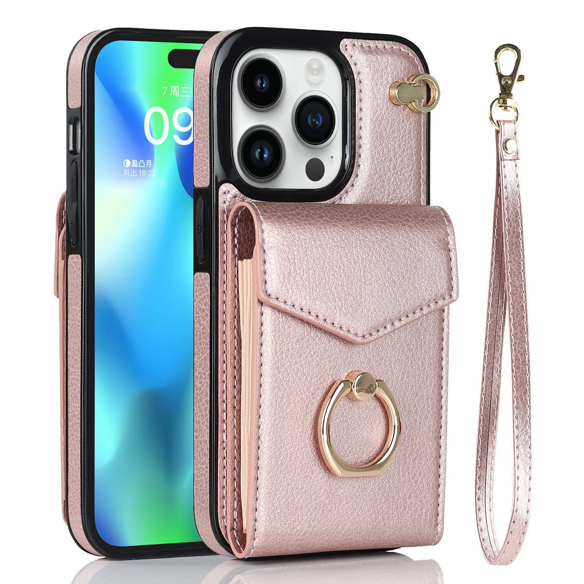 PU leather phone case with card slot and bracket for iPhone 15 16 series, rose gold finish on black background