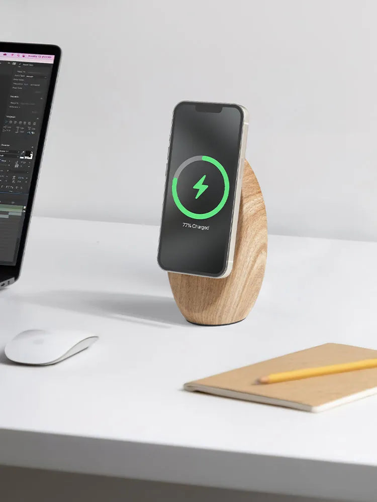 Creative MagSafe magnetic phone holder wireless charger in walnut resin finish on desk