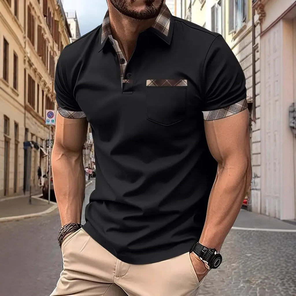 Man wearing a loose fit short sleeve t-shirt with a red and black plaid colourblock design.