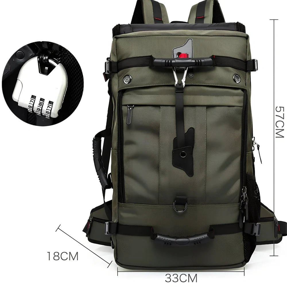 Multifunctional travel bag with multiple compartments in black, green, or blue colours showing 40L and 50L size options