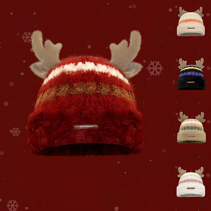 Christmas knitted beanie with deer antlers in multiple colours for winter warmth