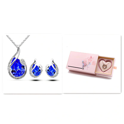 3-piece water-drop rhinestone necklace set with adjustable 21-50cm chain and matching stud earrings in blue, electroplated alloy for women's fashion