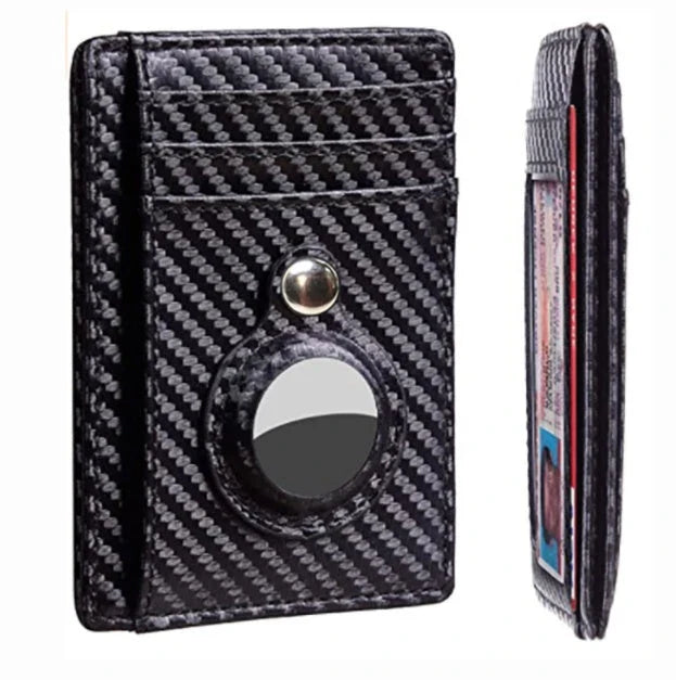 Slim leather wallet with built-in AirTag pocket for men, featuring RFID protection and a minimalist design