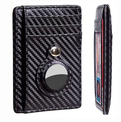 Slim leather wallet with built-in AirTag pocket for men, featuring RFID protection and a minimalist design