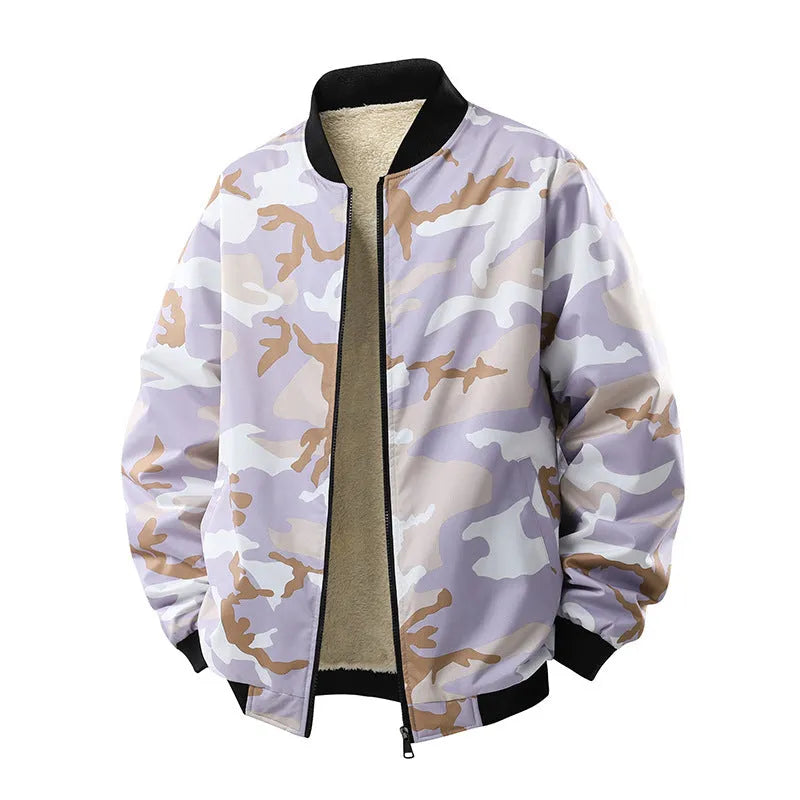 Men's fleece-lined thickened casual camouflage jacket in army green, loose fit, polyester blend