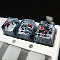 Blue scenic koi fish resin keycaps for Cherry MX mechanical keyboards showing spacebar and individual keys