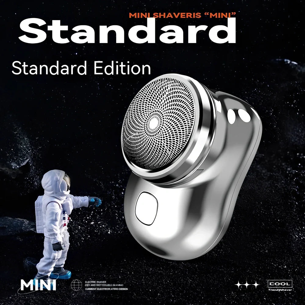Compact electric mini shaver in cool silver with floating cutter head, 65.8 x 46 x 42mm size, rechargeable for 60+ minutes use