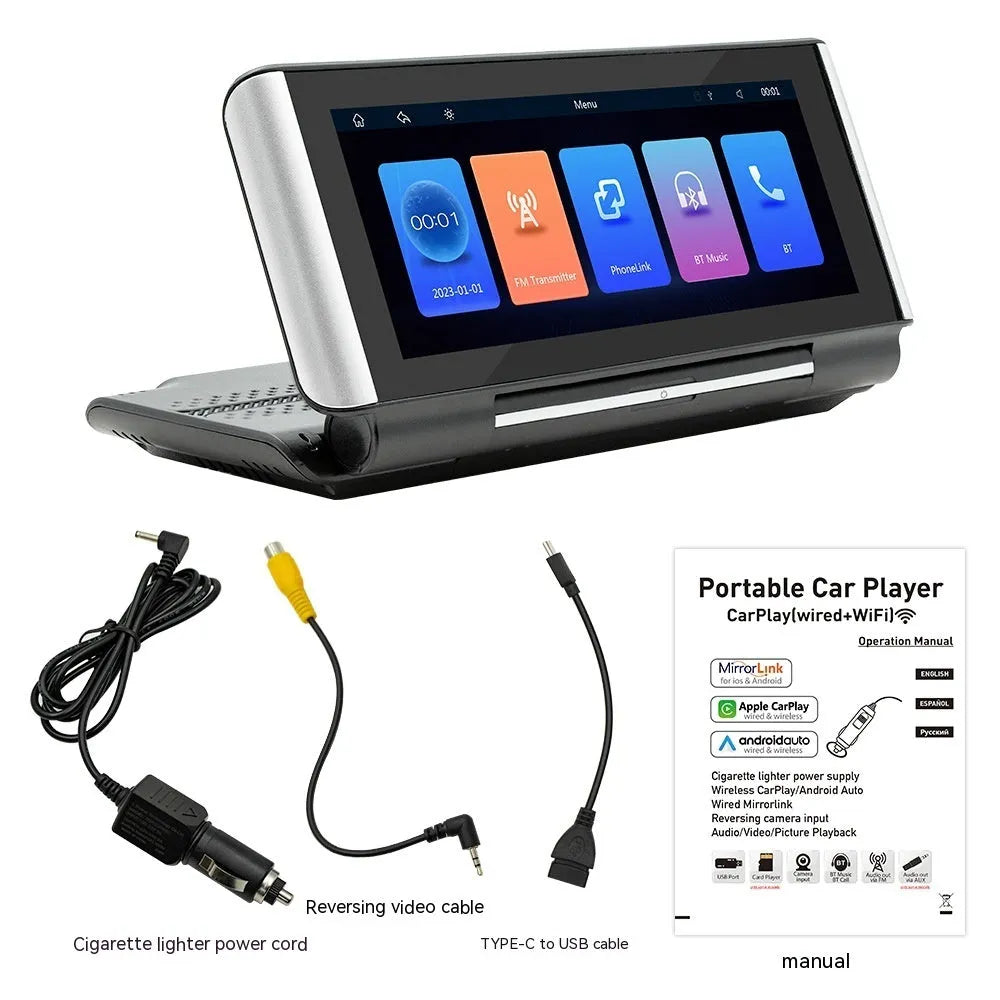 6.86-inch wireless CarPlay MP5 player for car dashboard with cables for power and camera.
