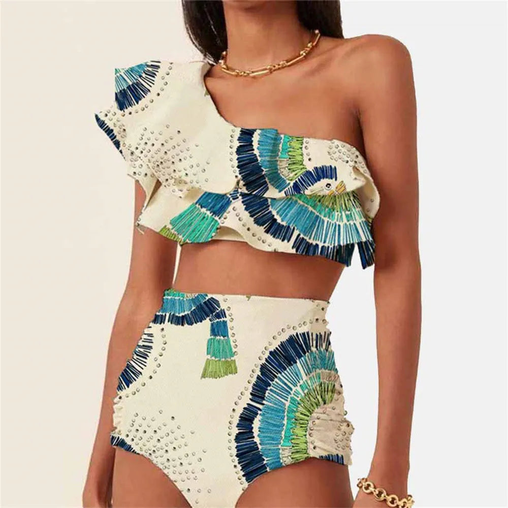 White one-shoulder women's swimsuit with double-layer fabric and large lotus leaf hem detail.