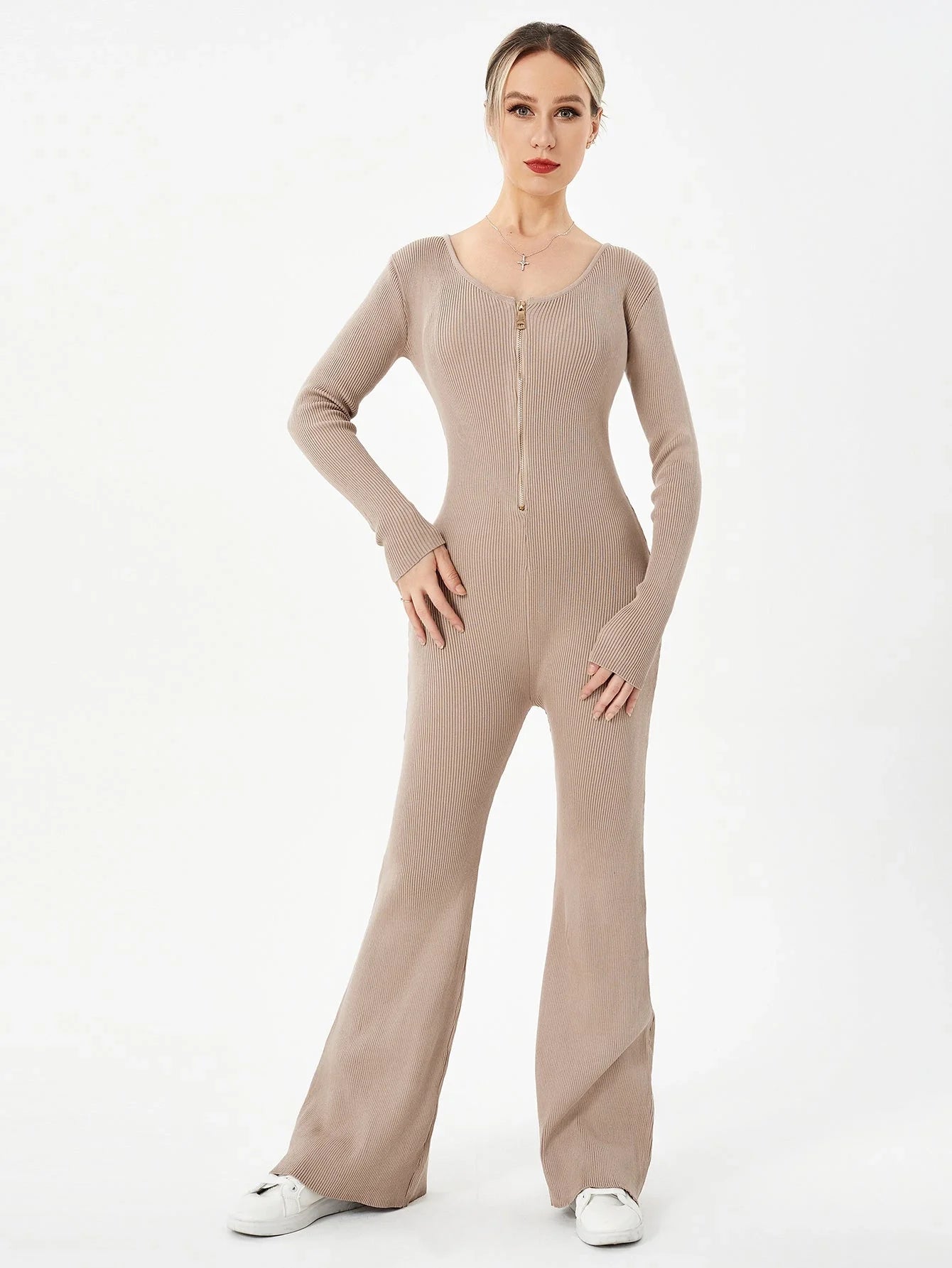 Zippered round neck flared trousers in black, white, khaki, and brown