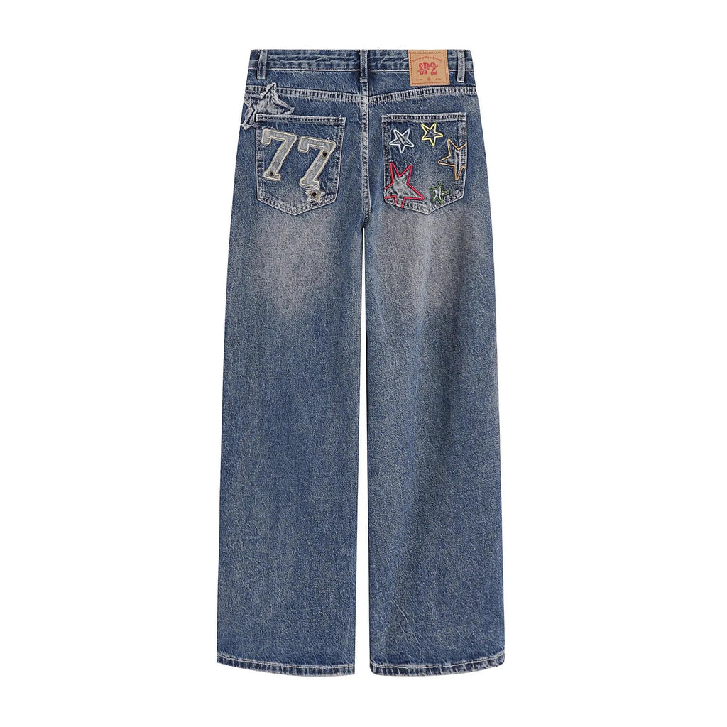 Blue embroidered high-waisted retro loose trousers for teenagers with zip placket cotton blend