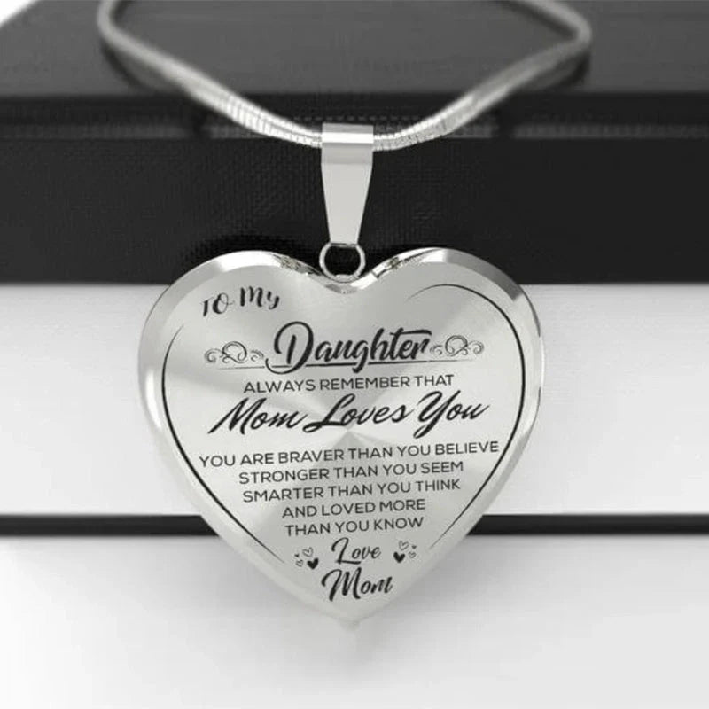 Heart-shaped epoxy necklace with inspirational message for daughters
