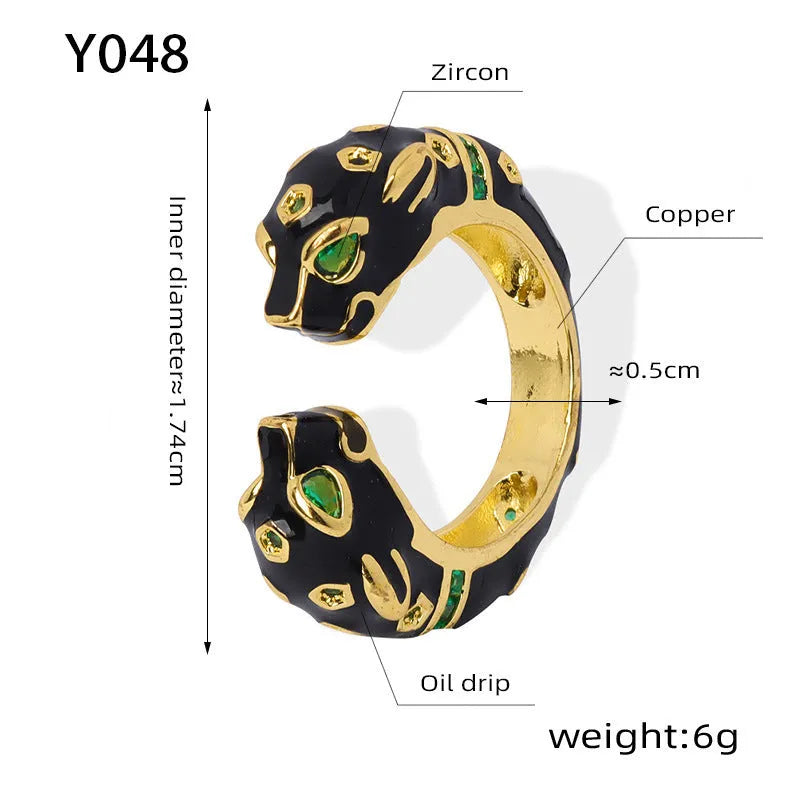 Black cheetah print open geometric ring for women, size No 7, made of electroplated copper.