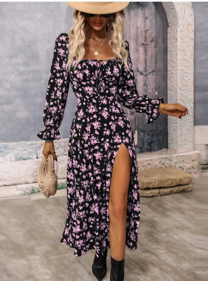 Floral print long sleeve dress with square neck and bottom slit in various colors