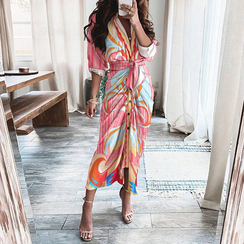 Elegant and chic floral print long-sleeved lace-up maxi dress with deep v-neck and empire waist