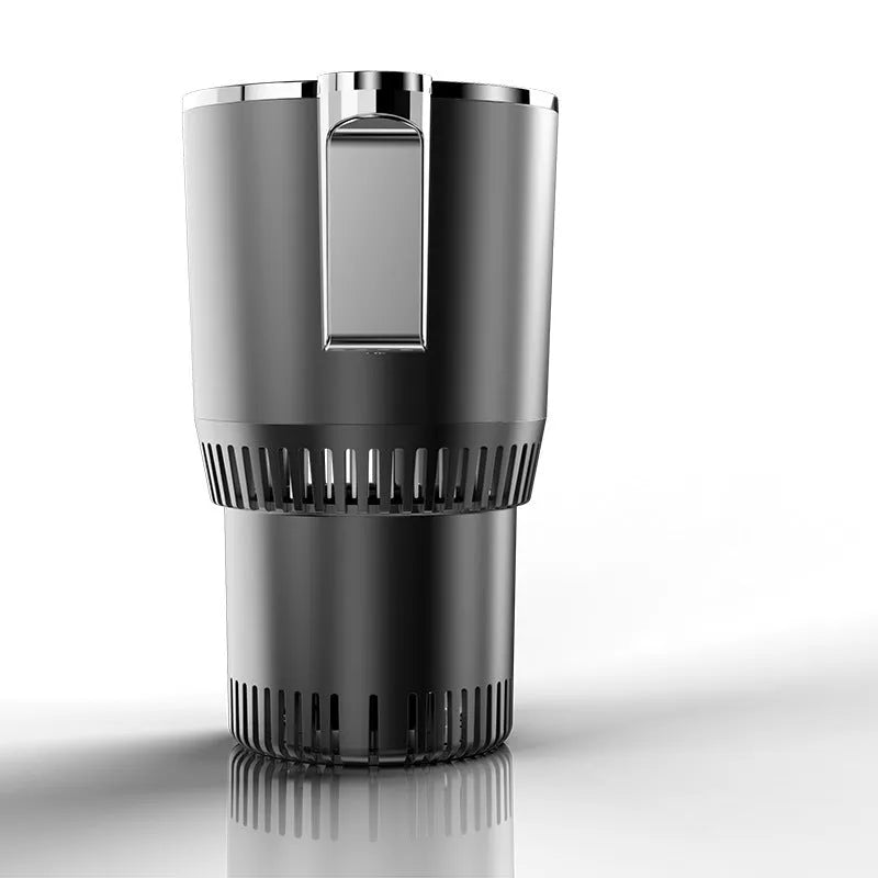 Black 2-in-1 car cup heater and cooler with digital display inserted in a vehicle cup holder.