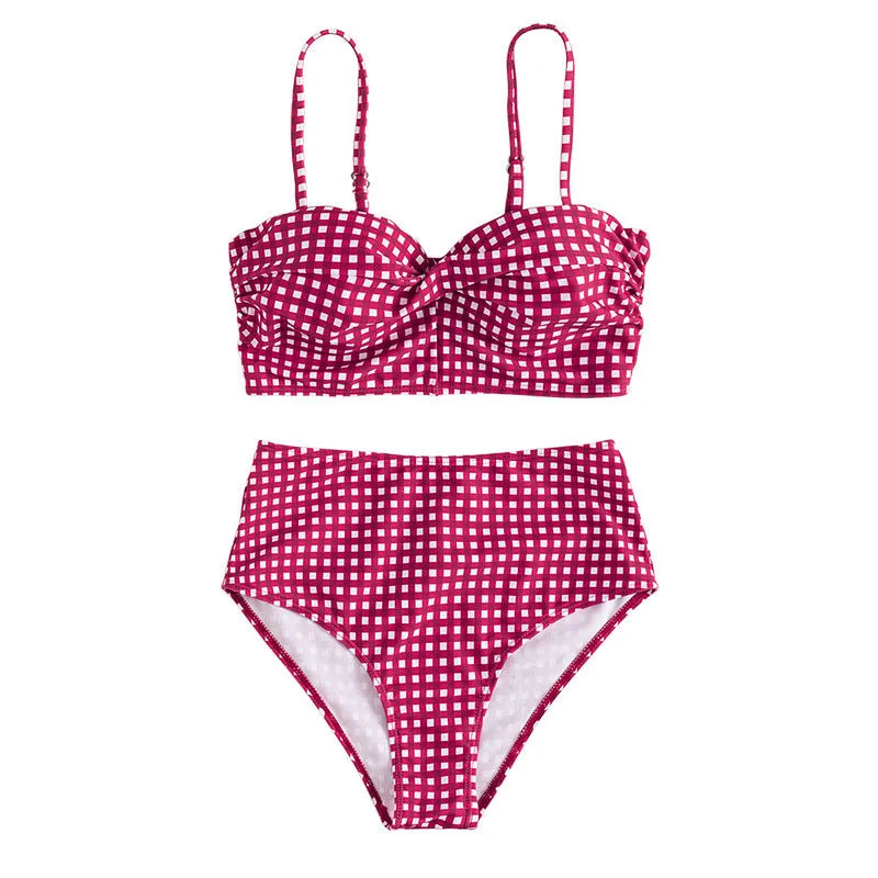 Women's plaid high-waist bikini set in rose red, available in sizes S to 4XL.