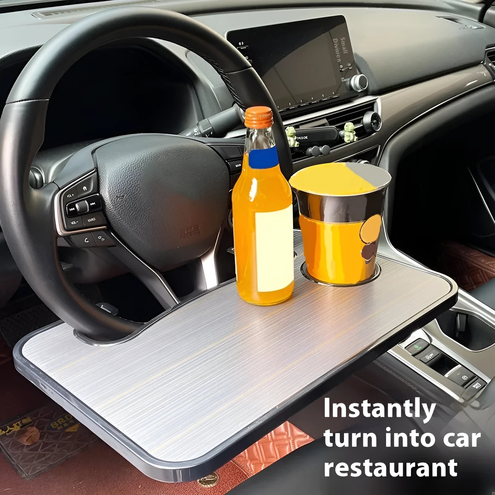 Car steering wheel laptop stand with table tray and foldable cup holder in matte black finish