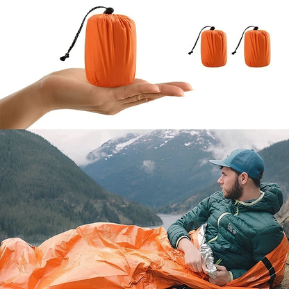 Orange aluminized emergency sleeping bag unfolded 203x90 cm, waterproof PE material for outdoor adult use