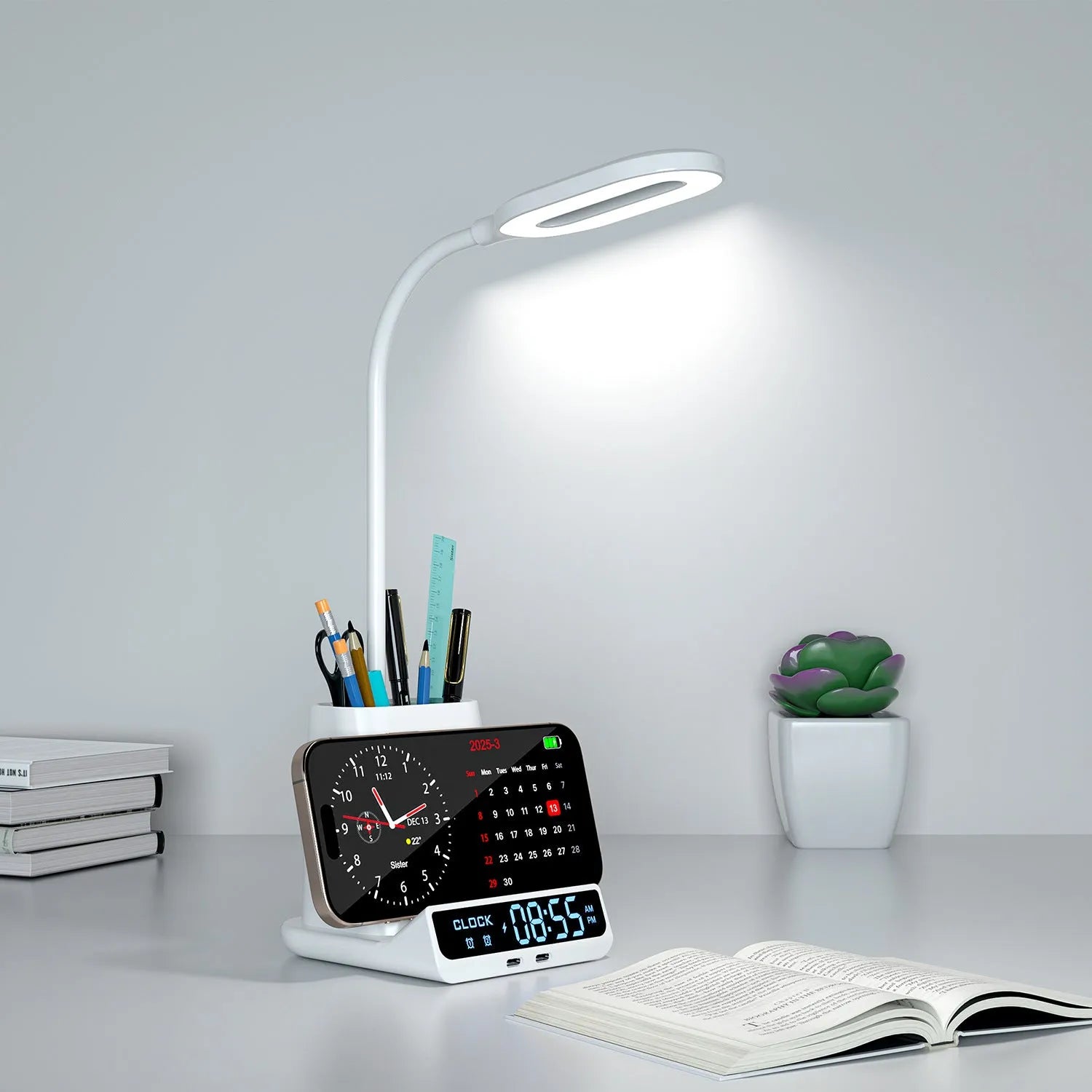 Modern desk lamp with integrated wireless charging pad and storage box for pens.