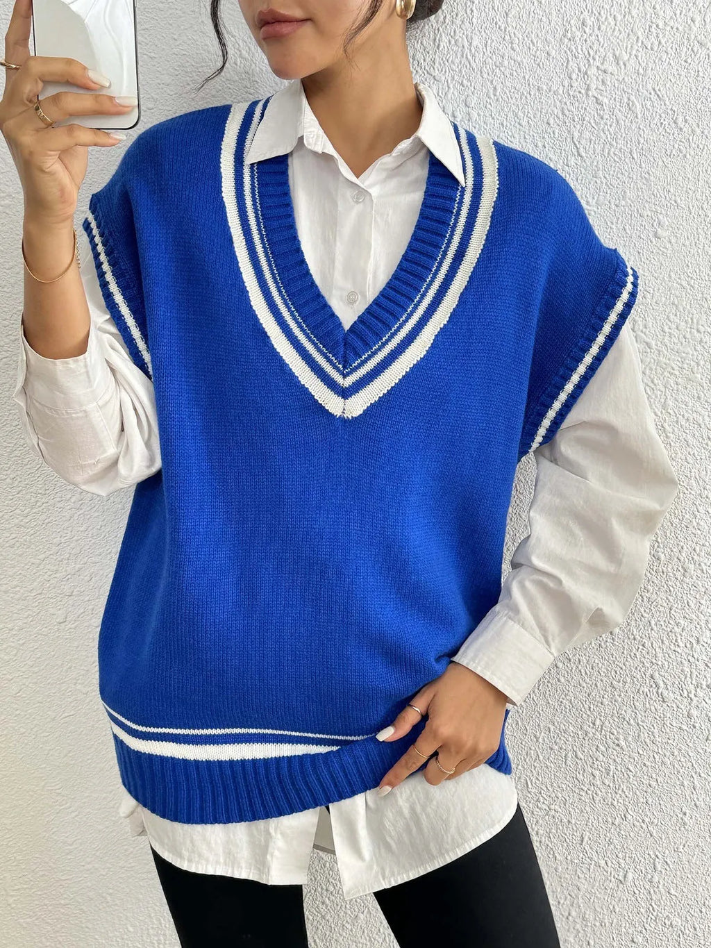 Women's loose college style vest sweater in black, blue or coffee colour options
