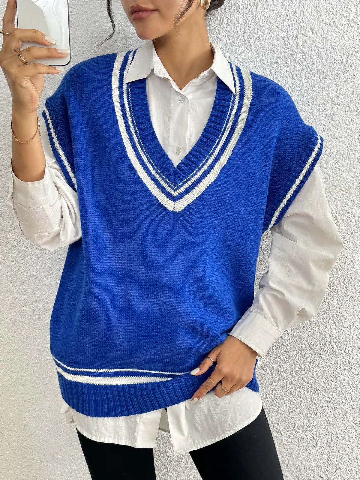 Women's loose college style vest sweater in black, blue or coffee colour options