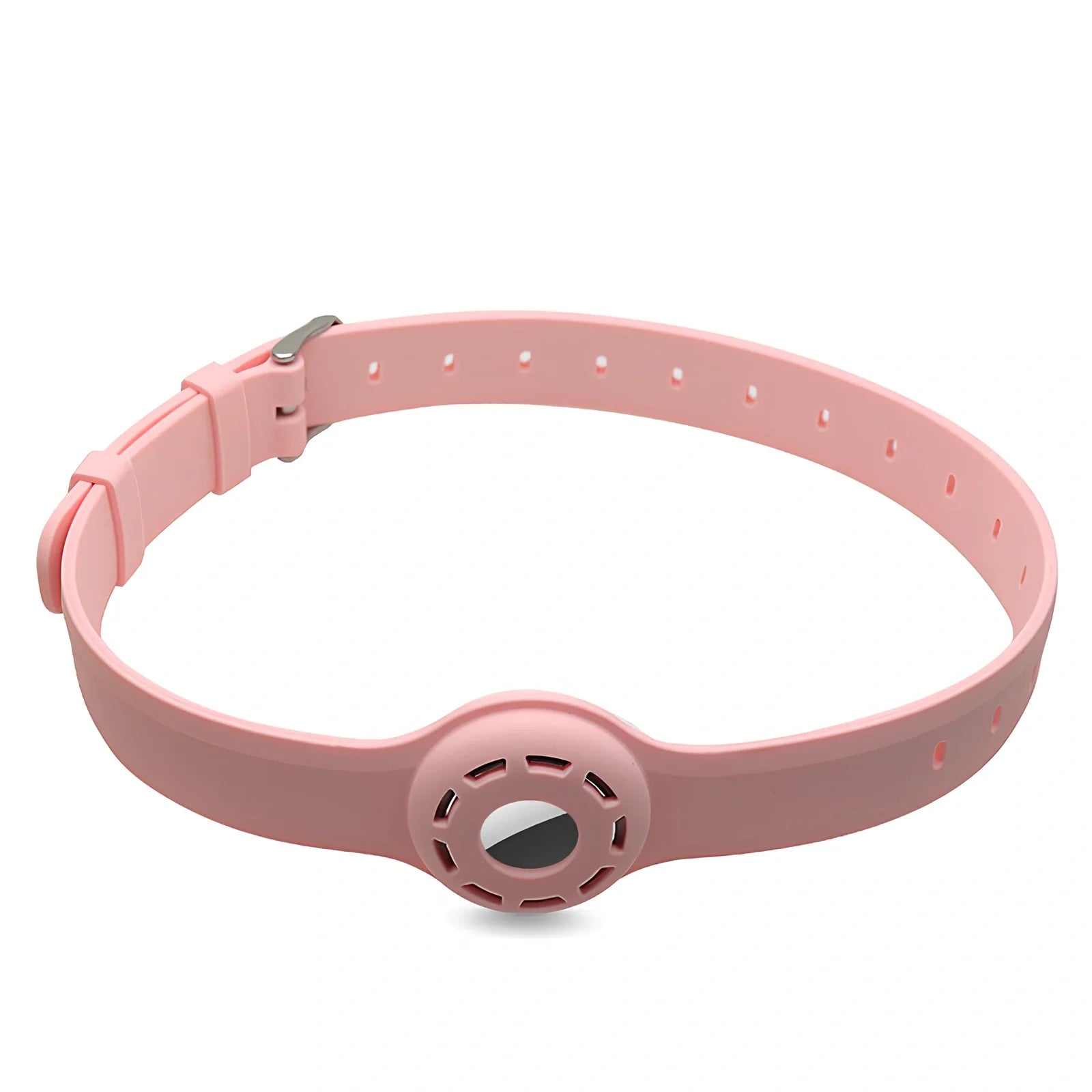 Red silicone AirTag tracker collar wrapped on pet neck, adjustable armband in solid colour for anti-lost security