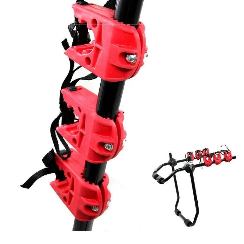 Black and red trunk-mounted car bike rack with iron frame, shown with tie rope fastenings.