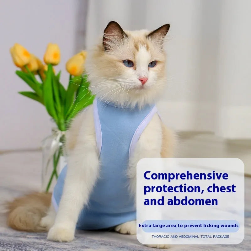 Blue cotton pet sterilization suit with adjustable scarf for dogs and cats