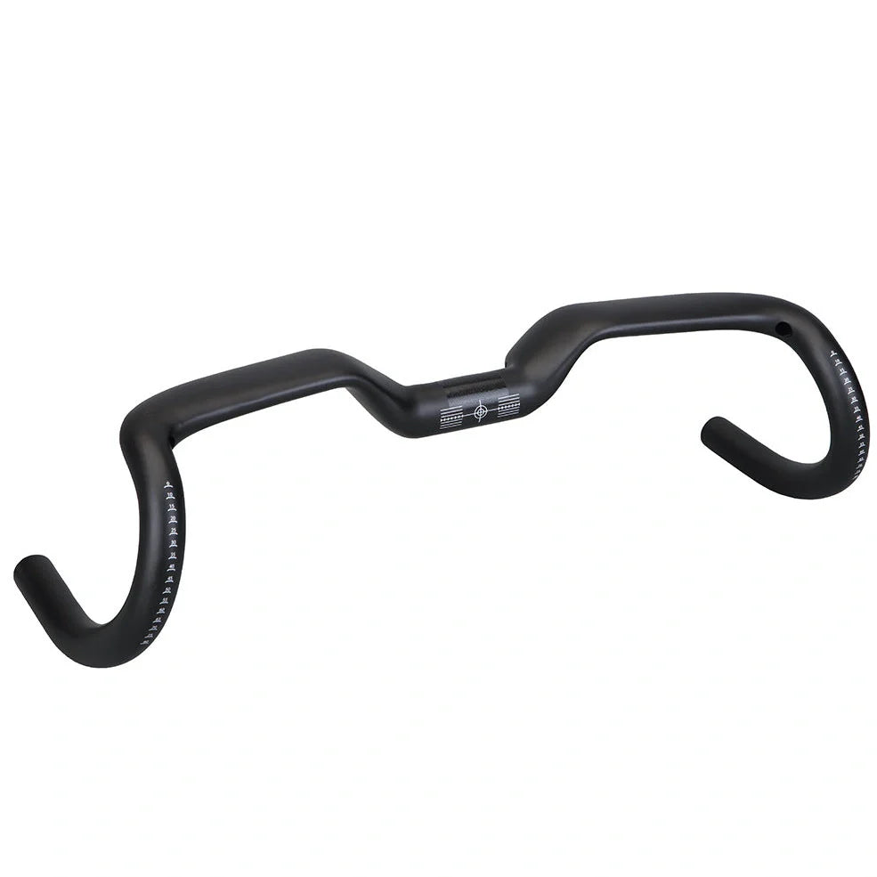 Black carbon fibre bicycle handlebar with bent design showing 125mm vertical rise measurement