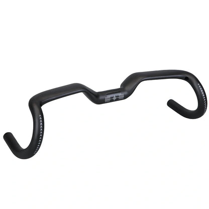 Black carbon fibre bicycle handlebar with bent design showing 125mm vertical rise measurement