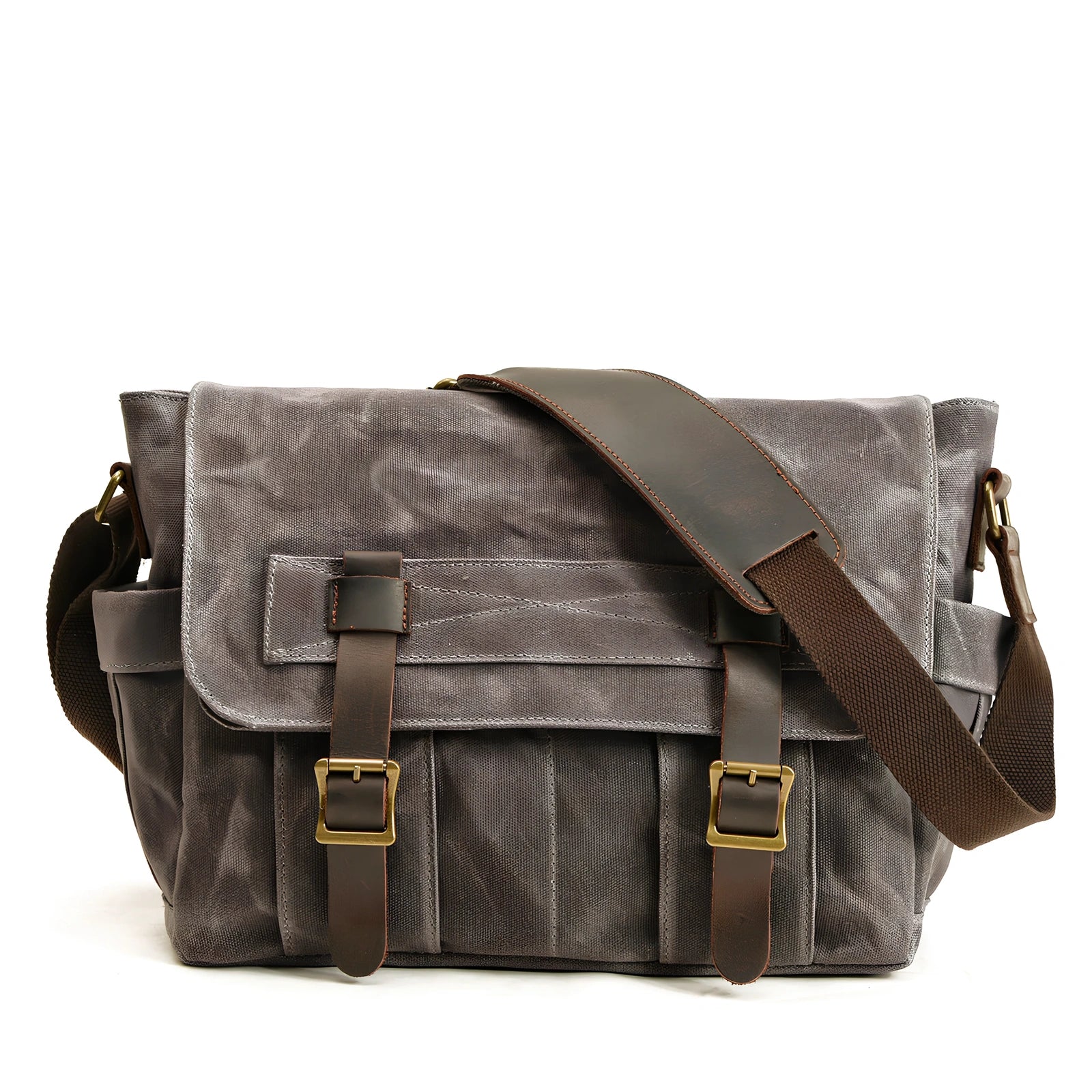 Retro men's canvas shoulder messenger bag in black, waterproof with internal pockets for laptop and phone, medium square size