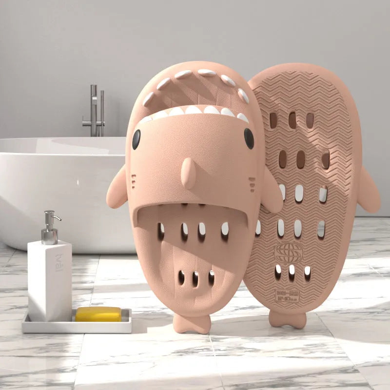 Shark slippers with drain holes, EVA quick-drying pool slides, non-slip sole, open-toe design, unisex shower shoes