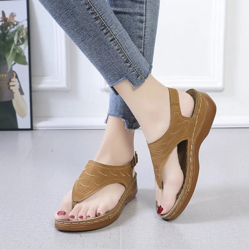 Women's casual wedge heel flip flop sandals with adjustable back strap in red, green, black, blue, and khaki
