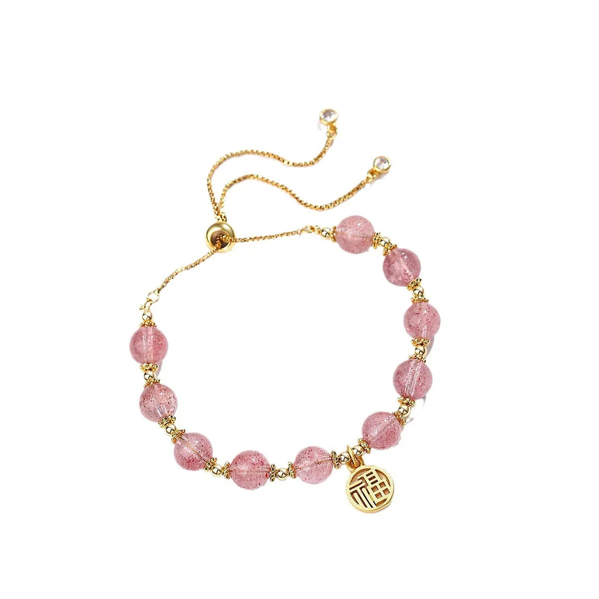 Strawberry quartz electroplated crystal bracelet with geometric fu charm