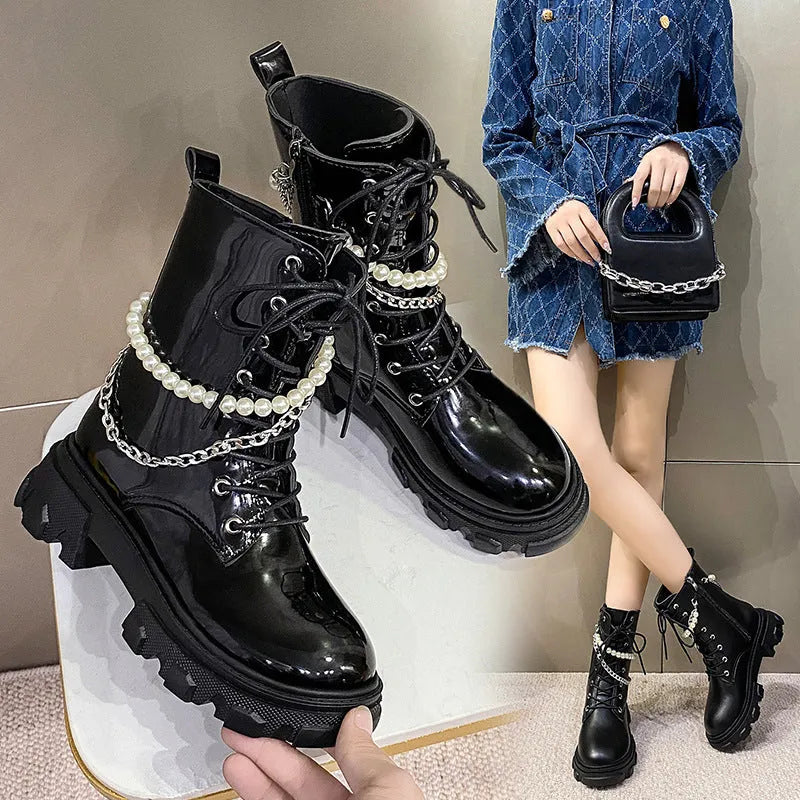 Women's black matte leather platform ankle boots with pearl chain detail and 6cm heel