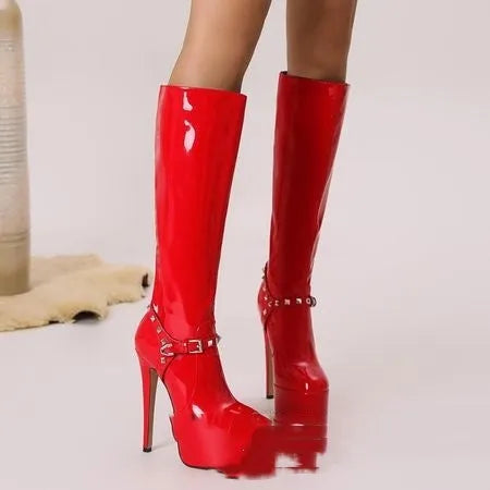 Red chunky heel high leg boots for women with back zipper and round toe