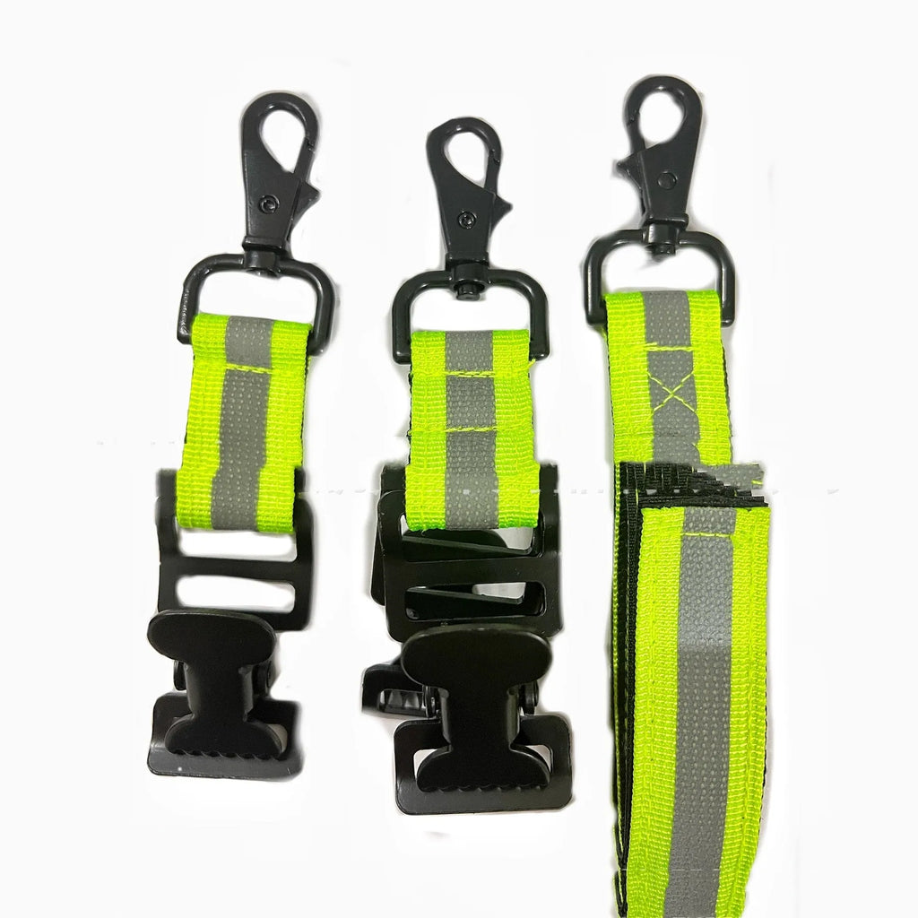 Fluorescent green universal gloves clamp with metal buckle and reflective tape.