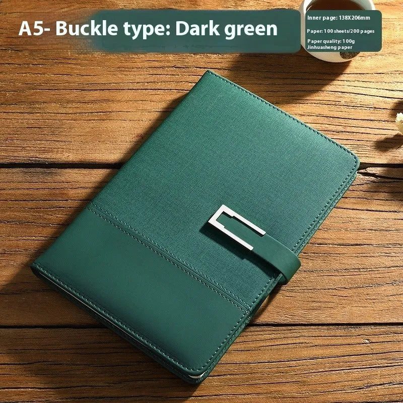 A5 soft PU leather business notebook in choice of five colours, shown with wood-free paper pages and optional gift box.