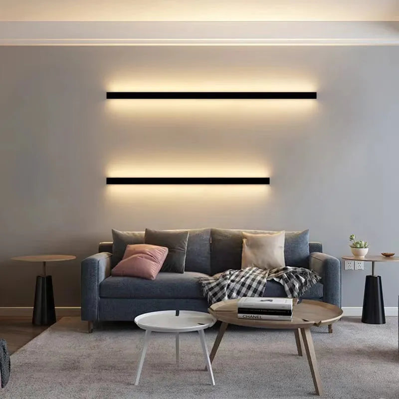 80cm long black aluminium LED strip wall light with a polycarbonate shade and touch control for colour changing.